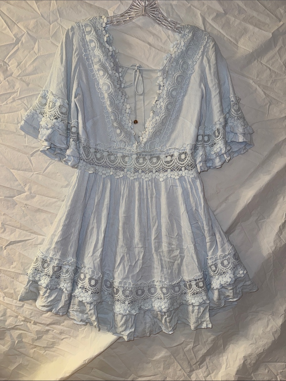 Hello Molly Pale Blue Plunge V-Neck Lace Mini Dress